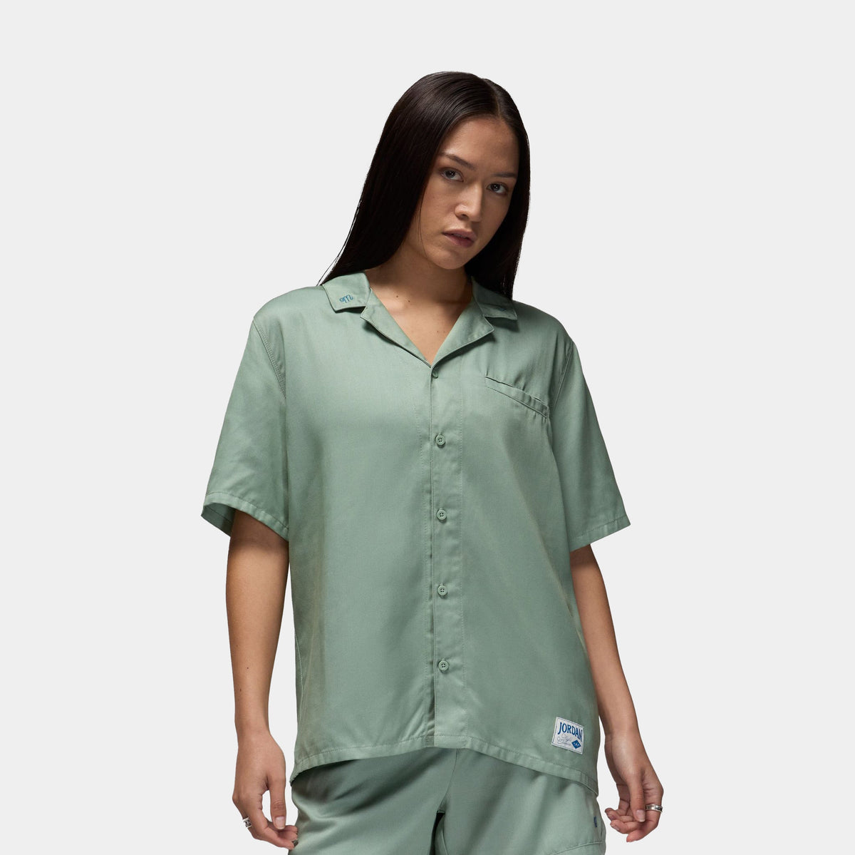 Exclusive Twill Button Up Womens Short Sleeve Shirt (Jade Smoke/Industrial Blue) — XS — Front View