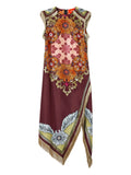 La Doublej Floral Print Fringe Asymmetric Day Dress — Brown — Size XS — Front View