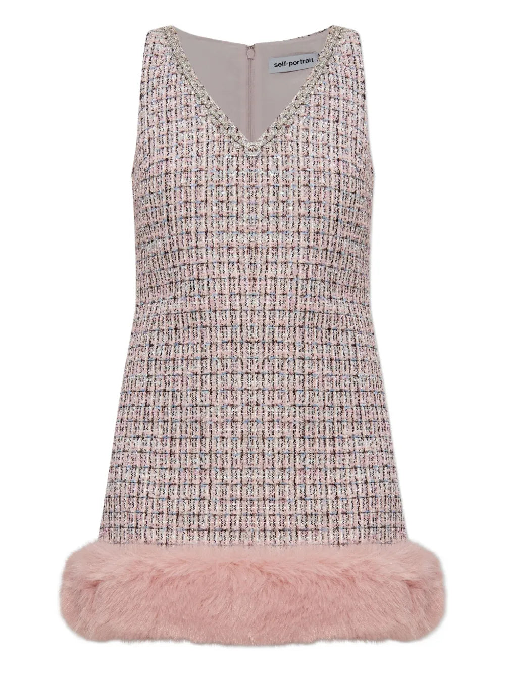Self Portrait Embellished Fur Trimmed Dress — Pink — Size S — Front View