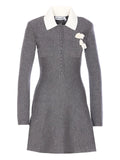 Self Portrait Crochet Flower Collared Dress — Grey/ Red — Size XS — Front View