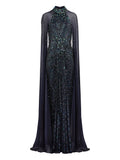 Jenny Packham Thea Embellished Cape Maxi Dress — Black — Size XS — Front View