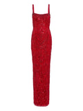 Jenny Packham Sequin Embellishments Fringe Detail Maxi Dress — Red — Size L — Front View
