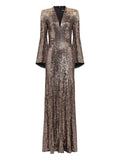 Jenny Packham Sequin Embellished Bell Sleeve Maxi Dress — Brown — Size S — Front View