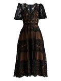 Tadashi Shoji Belline Puff Sleeve Embroidered Dress — Black/ Red — Size XL — Front View
