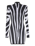 Balmain Zebra Intarsia High Neck Mini Dress — Black/ White — Size XS — Front View