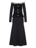 Self Portrait Crystal Embellished Chenille Belted Maxi Dress — Black/ Red — Size S — Front View