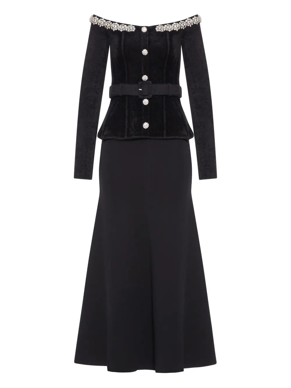 Self Portrait Crystal Embellished Chenille Belted Maxi Dress — Black/ Red — Size S — Front View