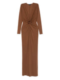Roserry Rose Embellished Twist Front Midi Dress — Brown — Size XS — Front View