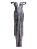 Maria Lucia Hohan Pleated Off Shoulder Maxi Dress — Grey — Size S — Front View