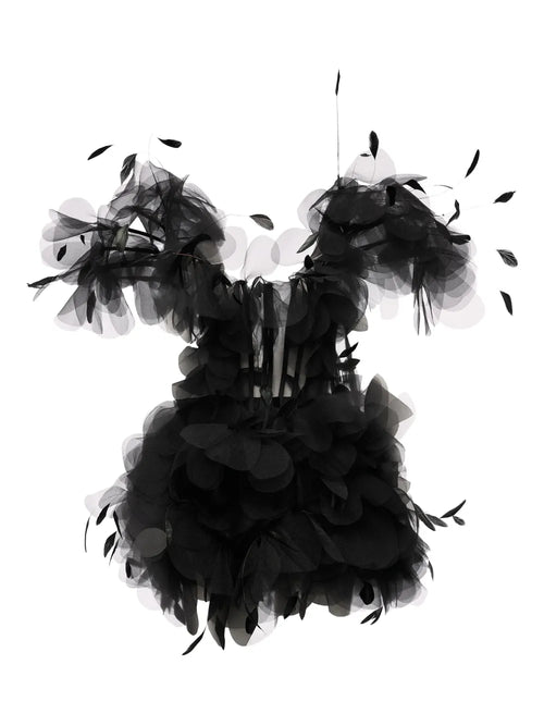 Ana Radu Feather Trimmed Ruffled Dress — Black/ Red — Size XXL — Front View