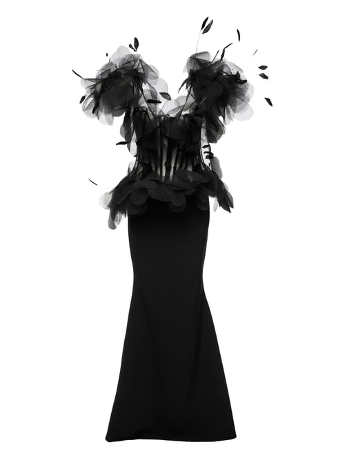 Ana Radu Feather Embellished Corset Maxi Dress — Black — Size S — Front View