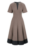 Staud Houndstooth Neck V Neck Midi Dress — Brown — Size XS — Front View