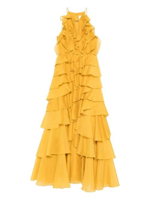 Aje Cleo Ruffled Gown Maxi Dress — Red/ Yellow/ Gold — Size XS — Front View