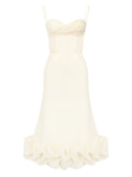 Post Meridiem Draped Bodice Flounced Hem Midi Dress — Ivory — Size XS — Front View