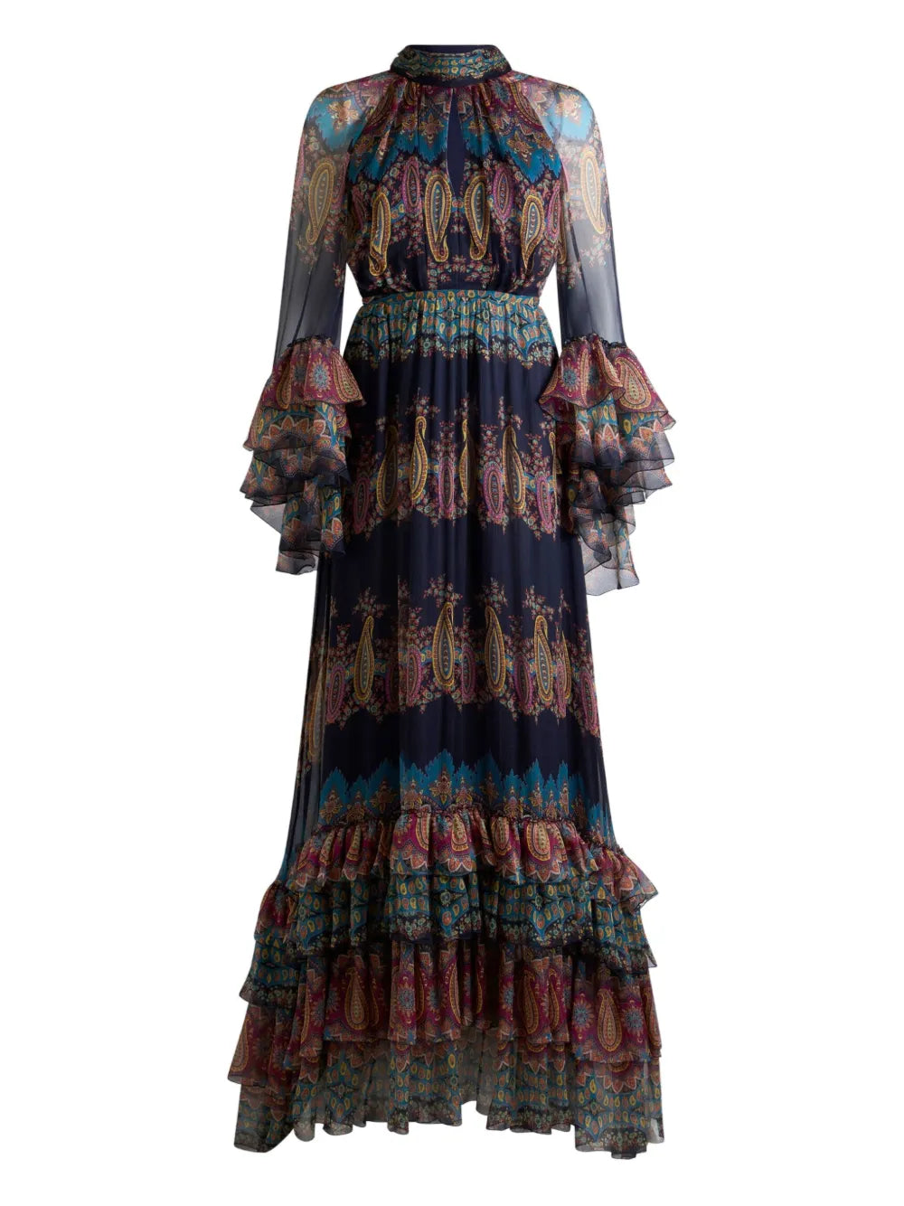 Etro Paisley Print Ruffled Maxi Dress — Blue — Size XS — Front View