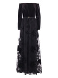 Elie Saab Velvet Floral Embroidered Tulle Dress — Black/ Red — Size XS — Front View