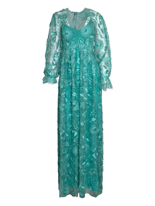 Alberta Ferretti Embroidered Tulle Maxi Dress — Red/ Green — Size XS — Front View