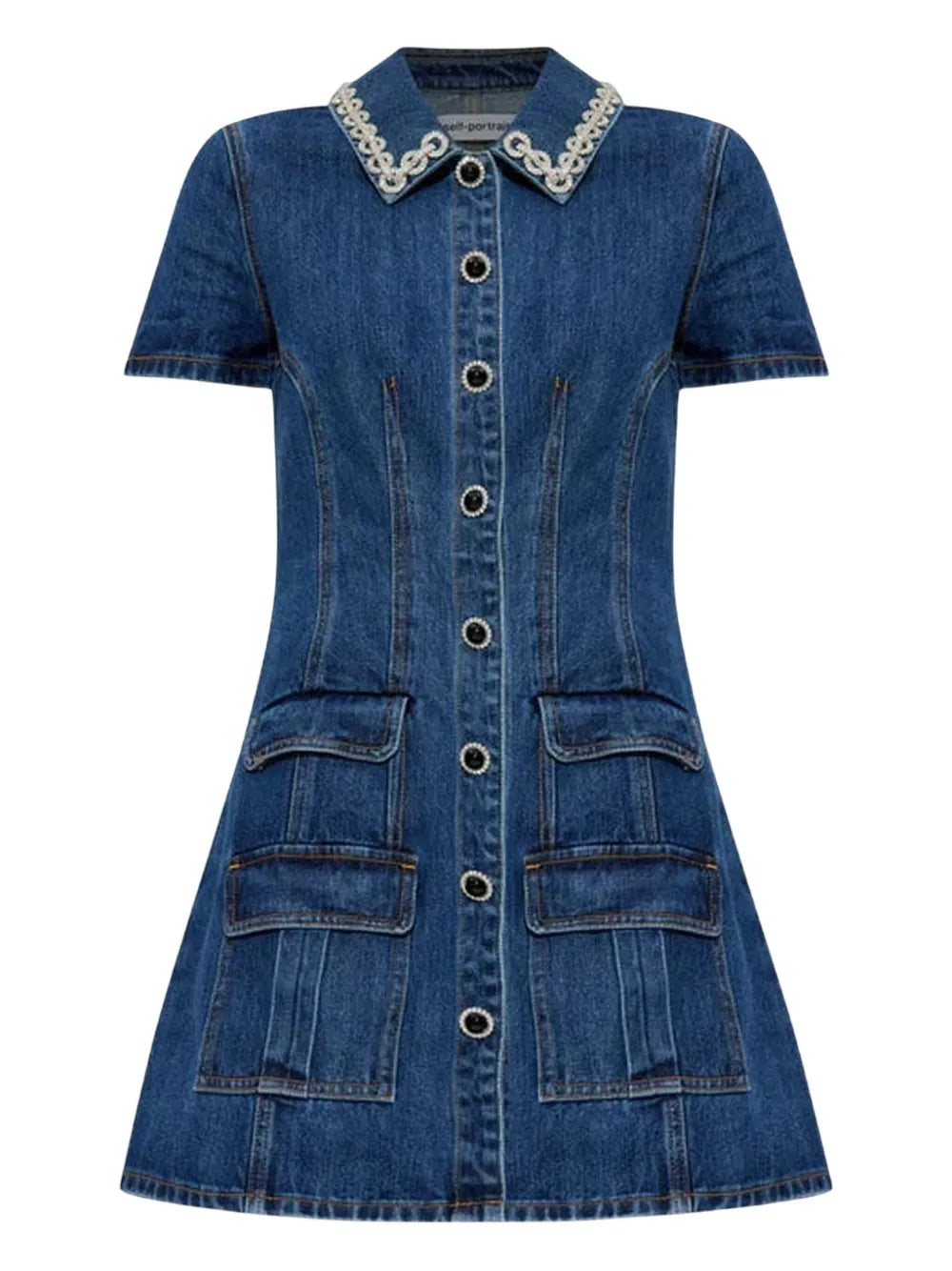 Self Portrait Crystal Trimmed Pocketed Dress — Blue — Size XS — Front View