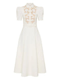 Rebecca Vallance Parrish Lace Belted Short Sleeve Midi Dress — White/ Red — Size XS — Front View
