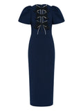 Rebecca Vallance Nemy Bow Midi Dress — Blue/ Navy — Size M — Front View