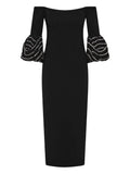 Rebecca Vallance Bellatrix Off Shoulder Ruffled Midi Dress — Black — Size XS — Front View