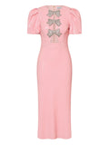 Rebecca Vallance Bow Puff Sleeve Lydia Midi Dress — Pink — Size XS — Front View