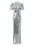 Rebecca Vallance Olympia Short Sleeve Embellished Maxi Dress — Silver — Size XS — Front View