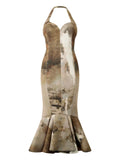Roberto Cavalli Marble Print Midi Dress — Beige — Size XS — Front View