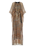 Taller Marmo Erte Wave Pattern Maxi Kaftan — Tan/ Gold — Size XS — Front View