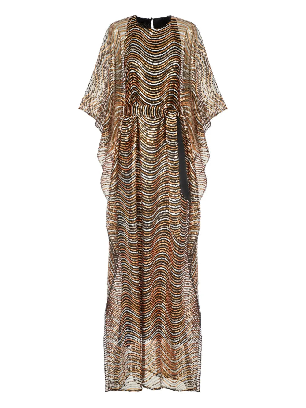 Taller Marmo Erte Wave Pattern Maxi Kaftan — Tan/ Gold — Size XS — Front View