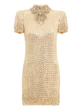 Jenny Packham Kitty Crystal Embellished Turtleneck Mini Dress — Gold — Size XS — Front View