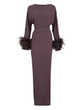 Lapointe Feather Trim Long Sleeve Maxi Dress — Brown — Size XS — Front View