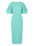 Pleats Please Issey Miyake Pleated Puff Sleeve Dress — Blue — Size M — Front View