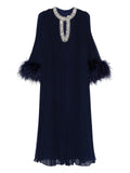 Self Portrait Feather Cuff Pleated Maxi Dress — Blue/ Navy — Size XS — Front View