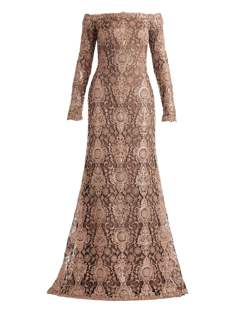 Tadashi Shoji Off Shoulder Maxi Dress — Brown — Size XS — Front View