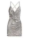 Dolce Gabbana Sequin Crossover Dress — Silver — Size XS — Front View