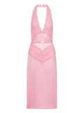 Gucci Lace Panel Satin Halterneck Dress — Pink — Size M — Front View