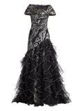 Tadashi Shoji Ruffled Metallic Effect Maxi Dress — Black/ Red/ Silver — Size XS — Front View