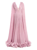 Ana Radu Cape Pleated Ruffle Maxi Dress — Pink — Size S — Front View