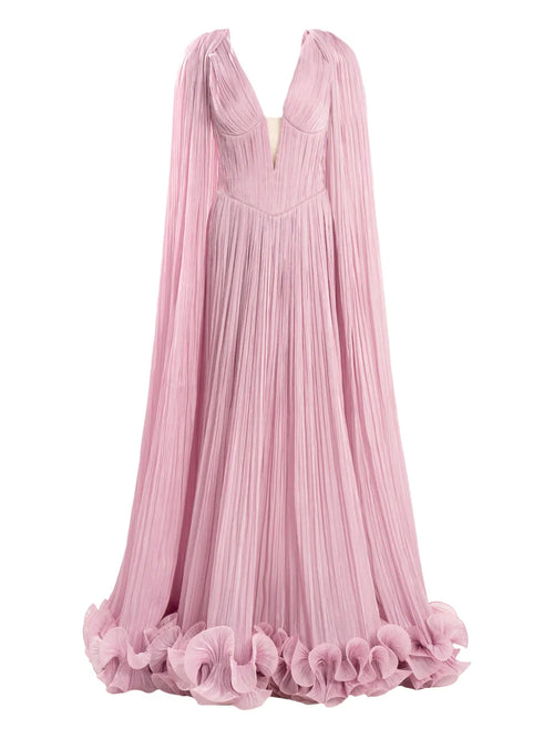 Ana Radu Cape Pleated Ruffle Maxi Dress — Pink — Size S — Front View