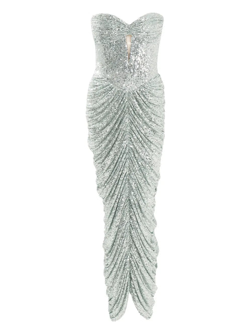 Ana Radu Sequin Embellishment Ruched Midi Dress — Silver — Size S — Front View