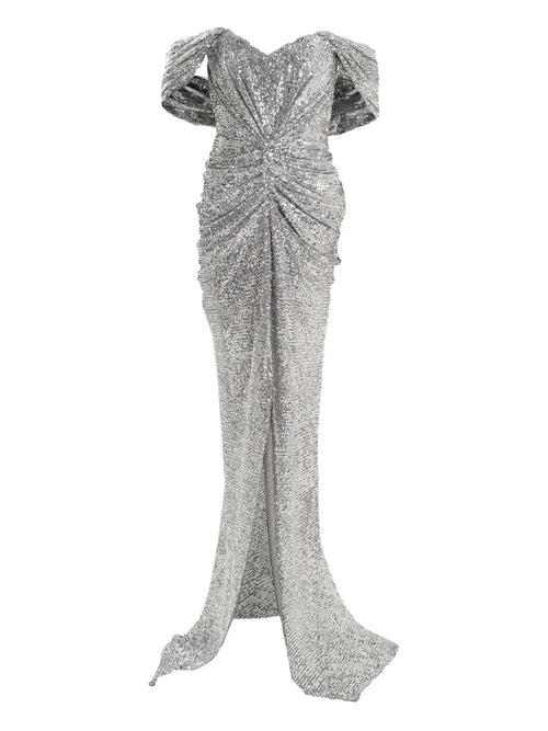 Ana Radu Off Shoulder Maxi Dress — Silver — Size S — Front View
