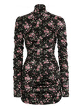 Dolce Gabbana Ruched Floral Mini Dress — Black — Size XXL — Front View