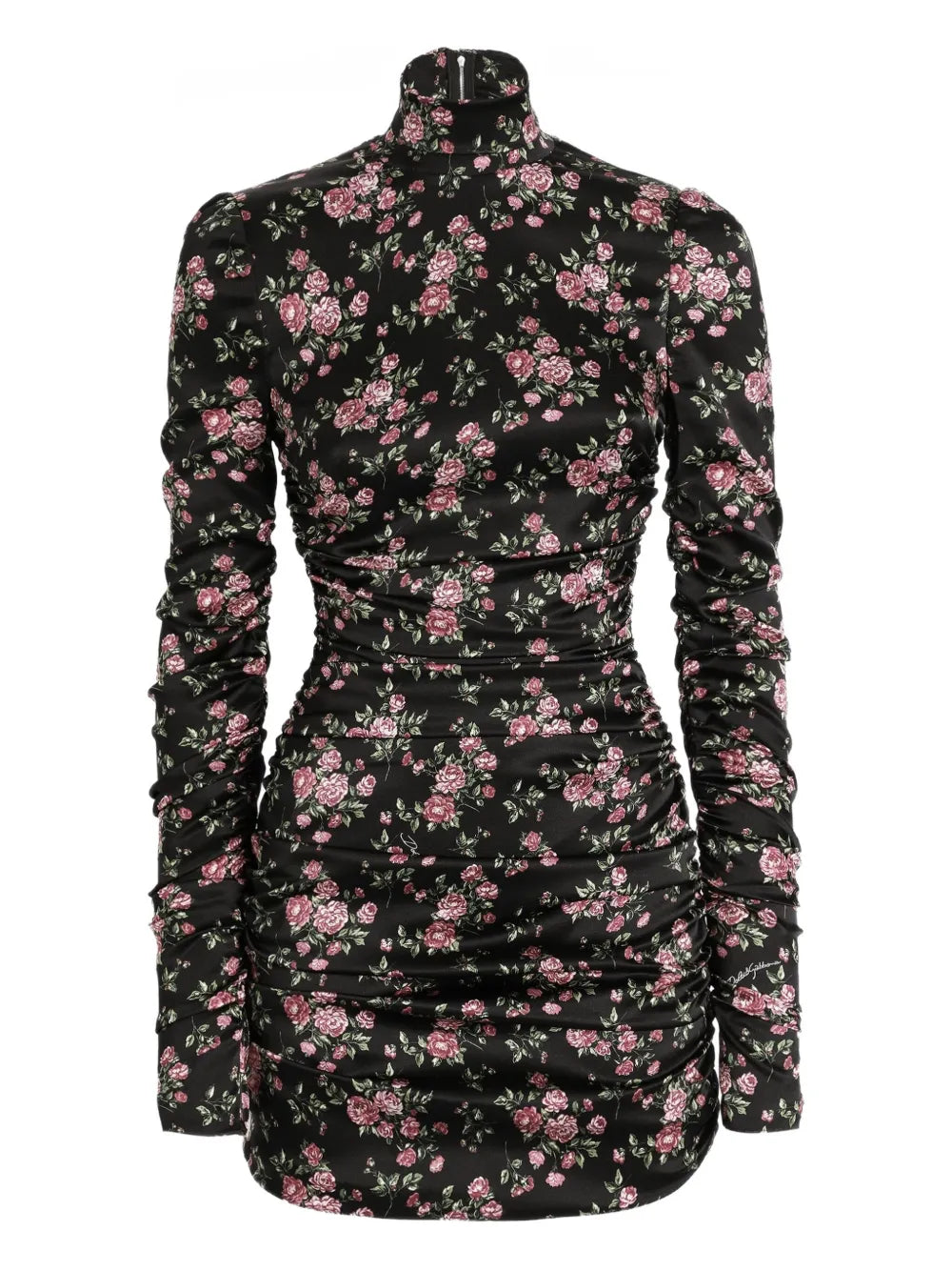 Dolce Gabbana Ruched Floral Mini Dress — Black — Size XXL — Front View