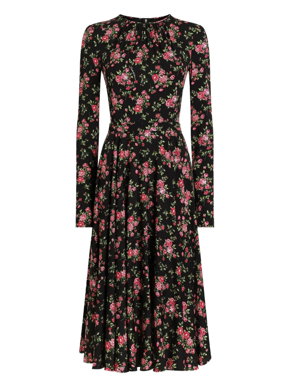Dolce Gabbana Floral Long Sleeve Midi Dress — Black — Size XS — Front View