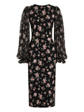 Dolce Gabbana Puff Sleeve Floral Midi Dress — Black — Size XS — Front View