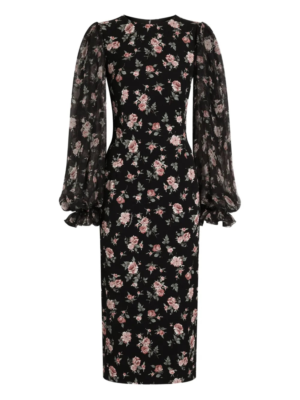 Dolce Gabbana Puff Sleeve Floral Midi Dress — Black — Size XS — Front View