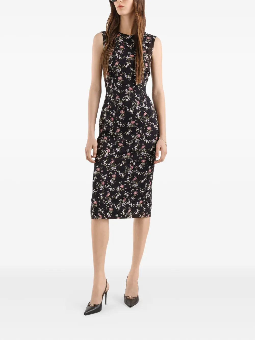 Dolce Gabbana Floral Sleeveless Midi Dress — Black — Size S — Front View