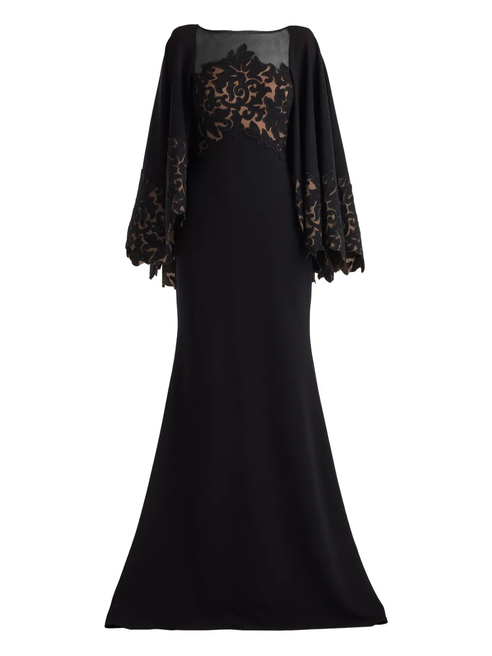 Tadashi Shoji Cape Lace Maxi Dress — Black — Size XS — Front View