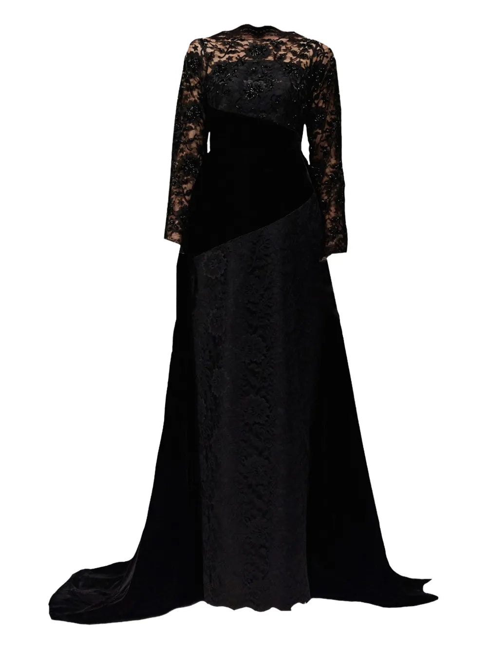 Tha Seen Lace Panel Maxi Dress — Black — Size L — Front View